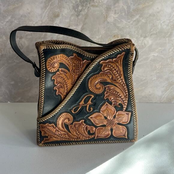 Vintage Handbag Handmade Black & Brown Leather Hand Tooled Floral - Picture 1 of 16